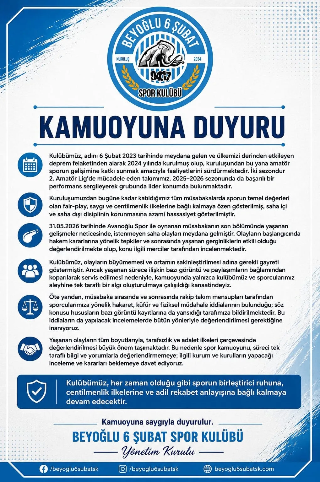 Beyoğlu 6 Şubat Spor Kulübü’nden Kamuoyuna Açıklama: “Olaylar Çarpıtılıyor!”