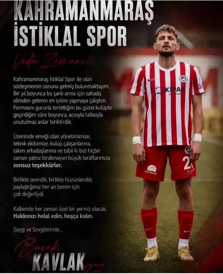 Kahramanmaraş İstiklal Spor’da Veda: Burak Kavlak Ayrıldı