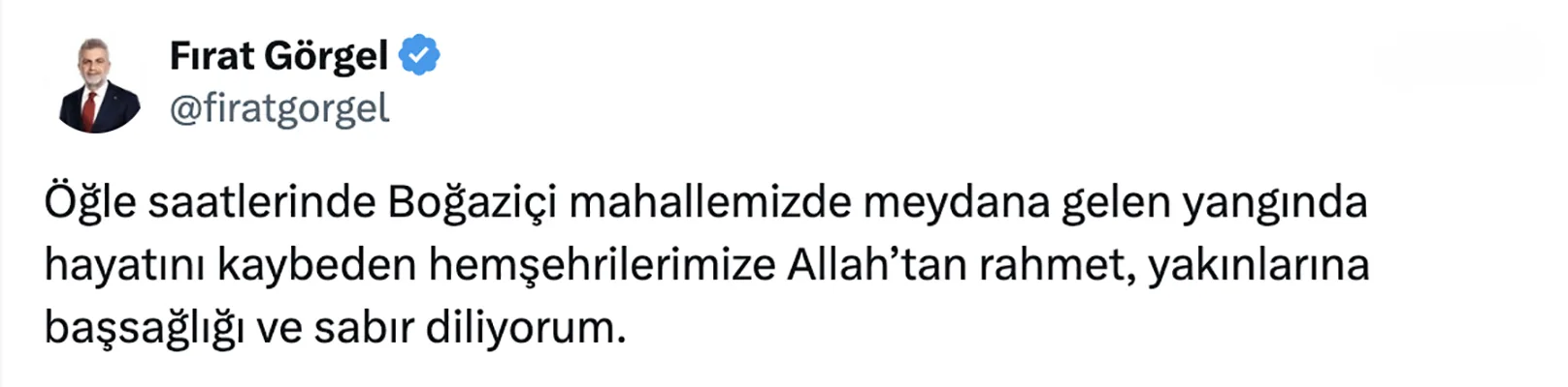 Başkan Görgel’den Yangında Hayatını Kaybeden Vatandaşlar İçin Taziye Mesajı