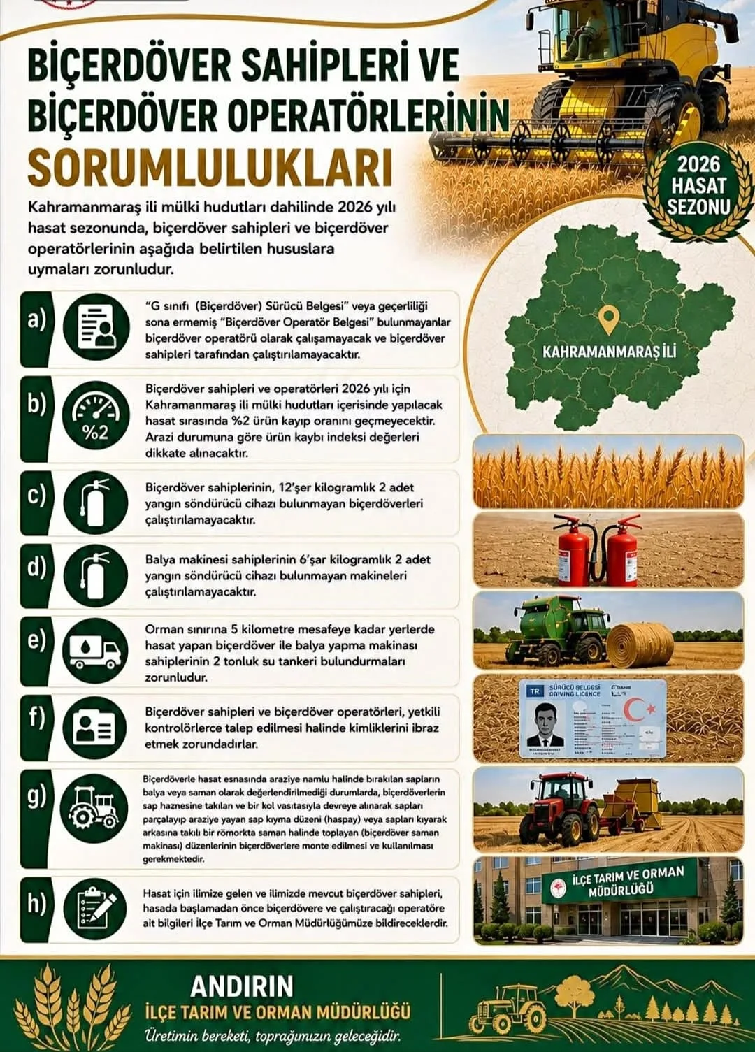 Andırın'da Biçerdöver Sahipleri ve Operatörlerine Önemli Duyuru!