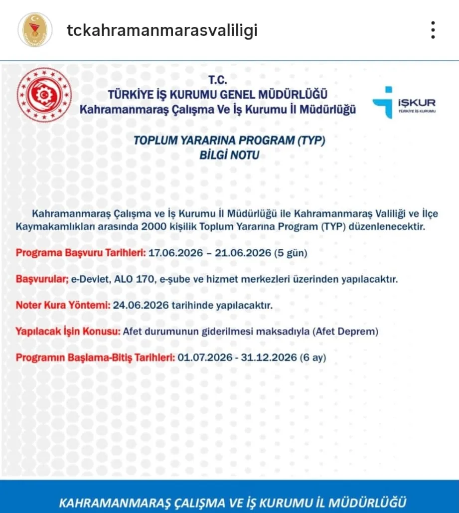 İŞKUR’dan Kahramanmaraş’a TYP müjdesi: 2 bin kişiye iş fırsatı!