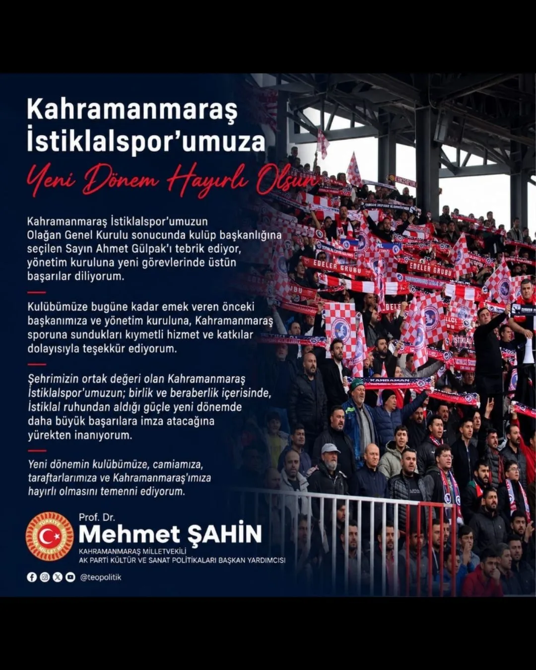 Andırınlı Milletvekili Şahin’den İstiklalspor Mesajı!