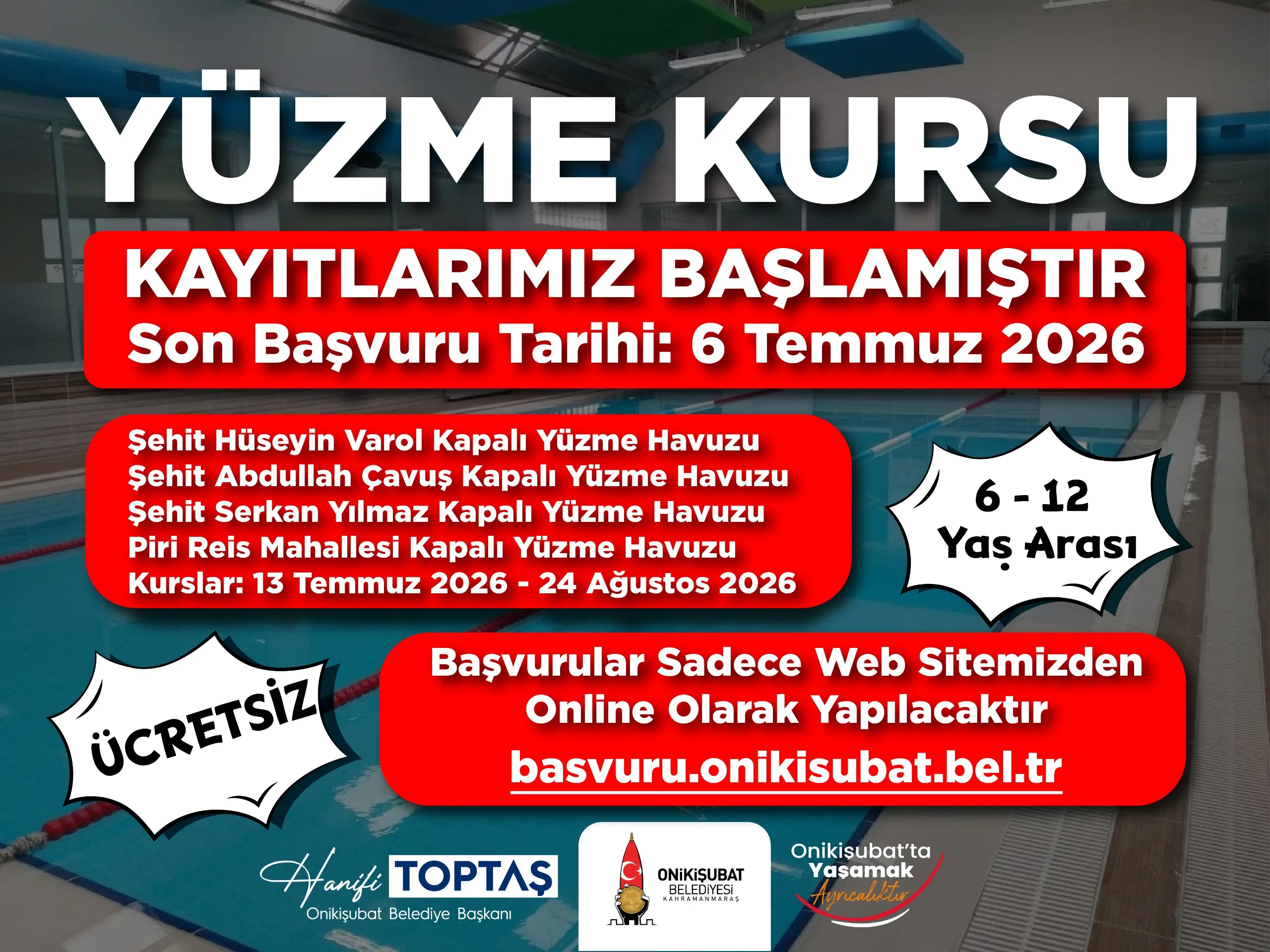 Onikişubat Belediyesi’nin ücretsiz Yaz Yüzme Kursları’na kayıtlar devam ediyor