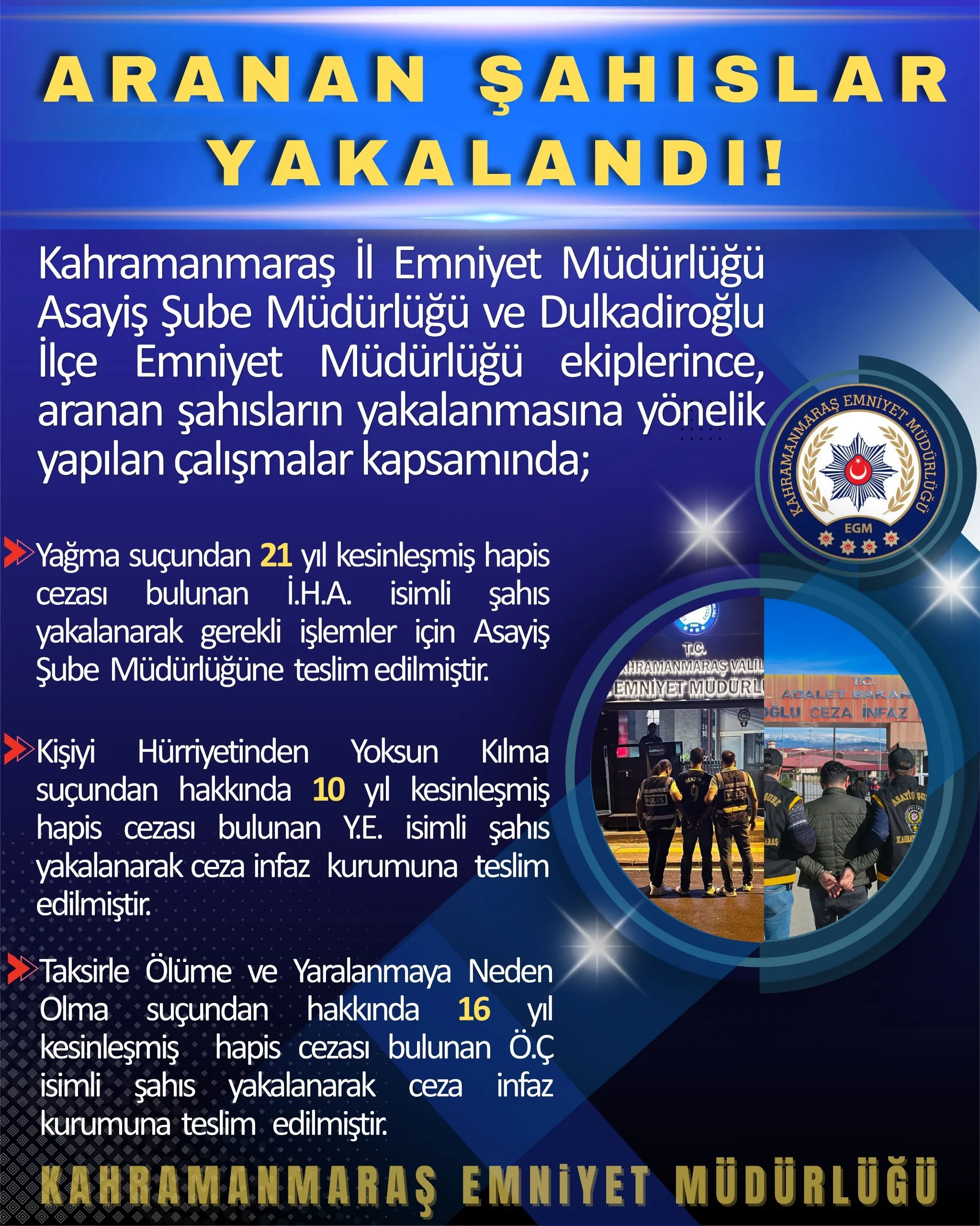 Kahramanmaraş'ta 3 Firari Yakalandı