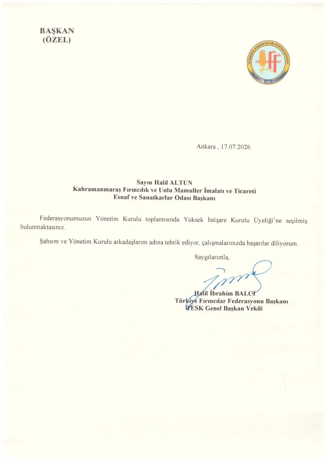 Halil Altun, Türkiye Fırıncılar Federasyonu Yüksek İstişare Kurulu Üyeliğine Seçildi Halil Altun, Türkiye Fırıncılar Federasyonu Yüksek İstişare Kurulu Üyeliğine Seçildi
