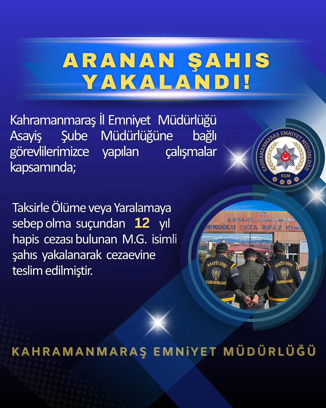 12 Yıl Hapis Cezası Bulunan Hükümlü Kahramanmaraş'ta Yakalandı