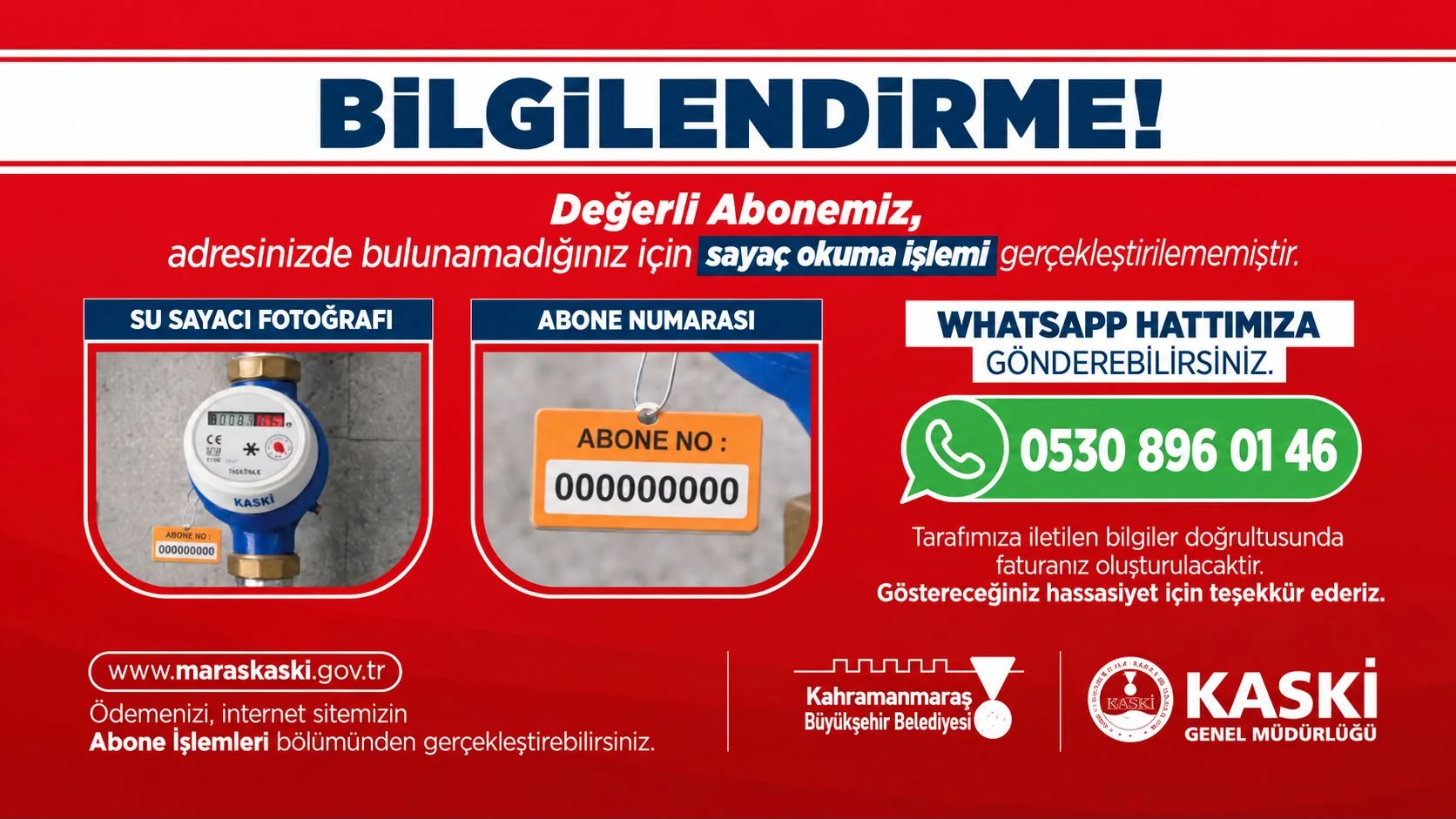 Kaski̇’den su sayacı okuma uyarısı: whatsapp i̇letişim hattı devrede!