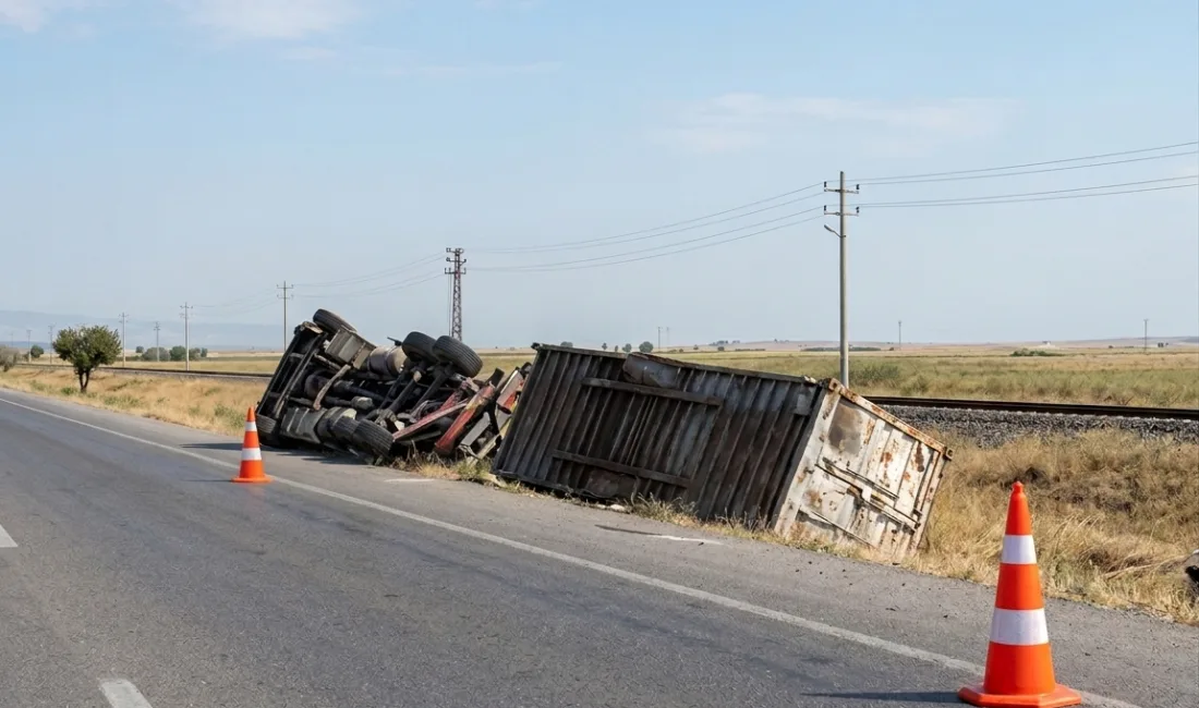 Kahramanmaraş’ın Türkoğlu ilçesinde kontrolden çıkarak devrilen kamyonun sürücüsü yaralanarak hastaneye
