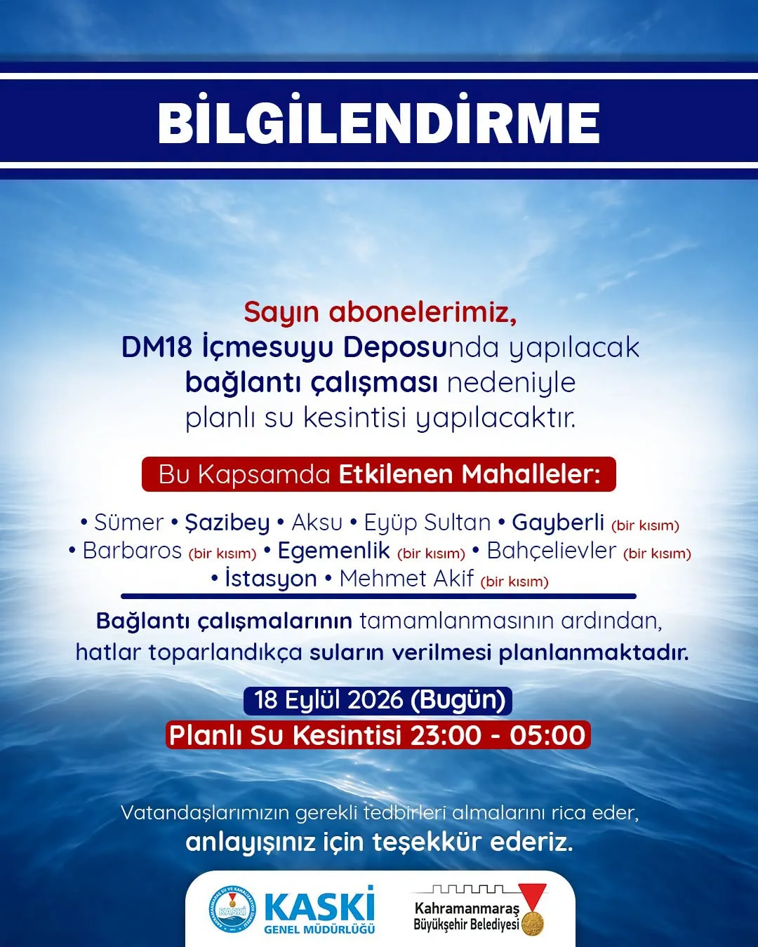 Kahramanmaraş’ta su kesintisi olacak!