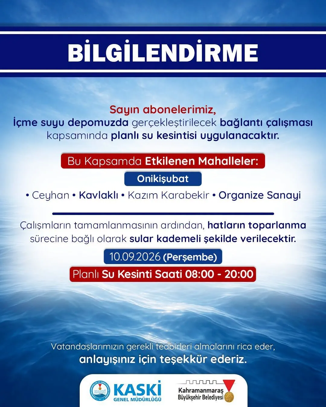 Kahramanmaraş’ta 12 saatlik su kesintisi