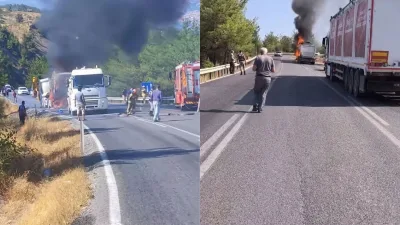 Kahramanmaraş-Andırın yolu Kürtül Rampası’nda seyir halindeki bir TIR’da çıkan yangın