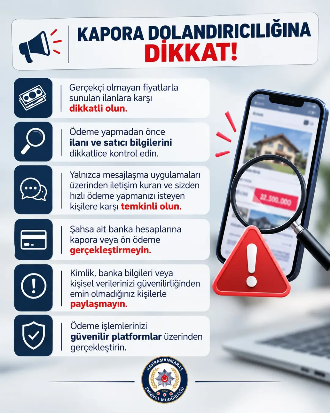 Kahramanmaraş emniyetinden kapora dolandırıcılığı uyarısı! Kahramanmaraş emniyetinden kapora dolandırıcılığı uyarısı!