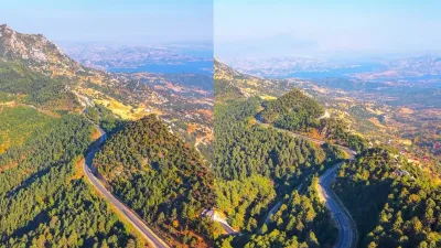 Sır Barajı’nın mavisi ile ormanların sonbahar tonlarını buluşturan Andırın-Kahramanmaraş karayolu,