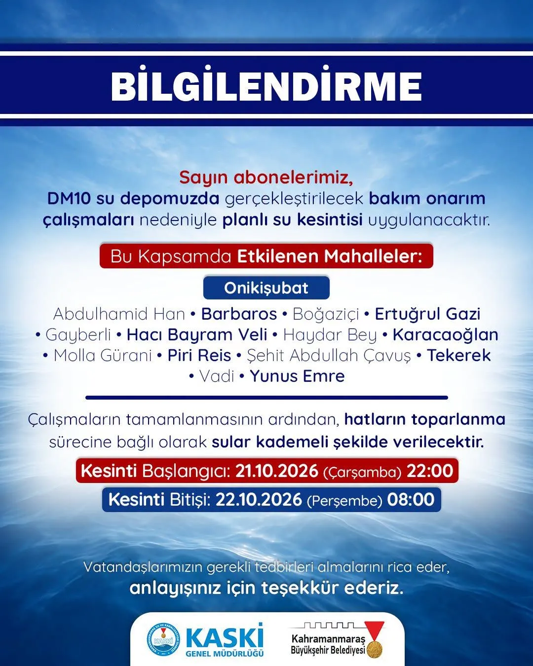 Kahramanmaraş’ta 10 saatlik su kesintisi: 14 mahalle susuz kalacak!