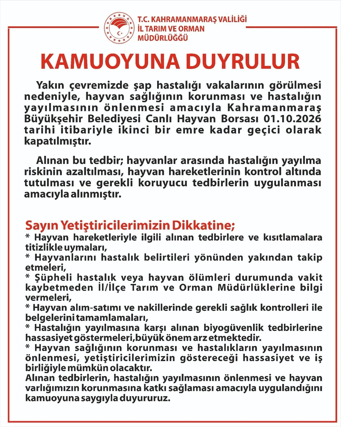 Kahramanmaraş'ta şap hastalığı tedbiri!