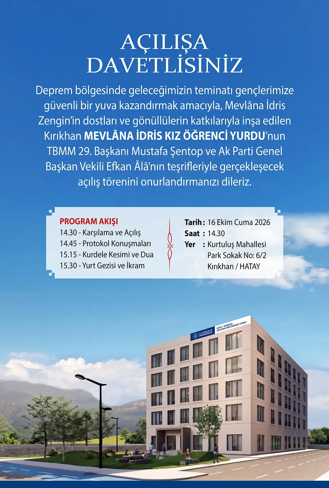 Hatay kırıkhan’da "mevlâna i̇dris kız öğrenci yurdu" törenle açılıyor